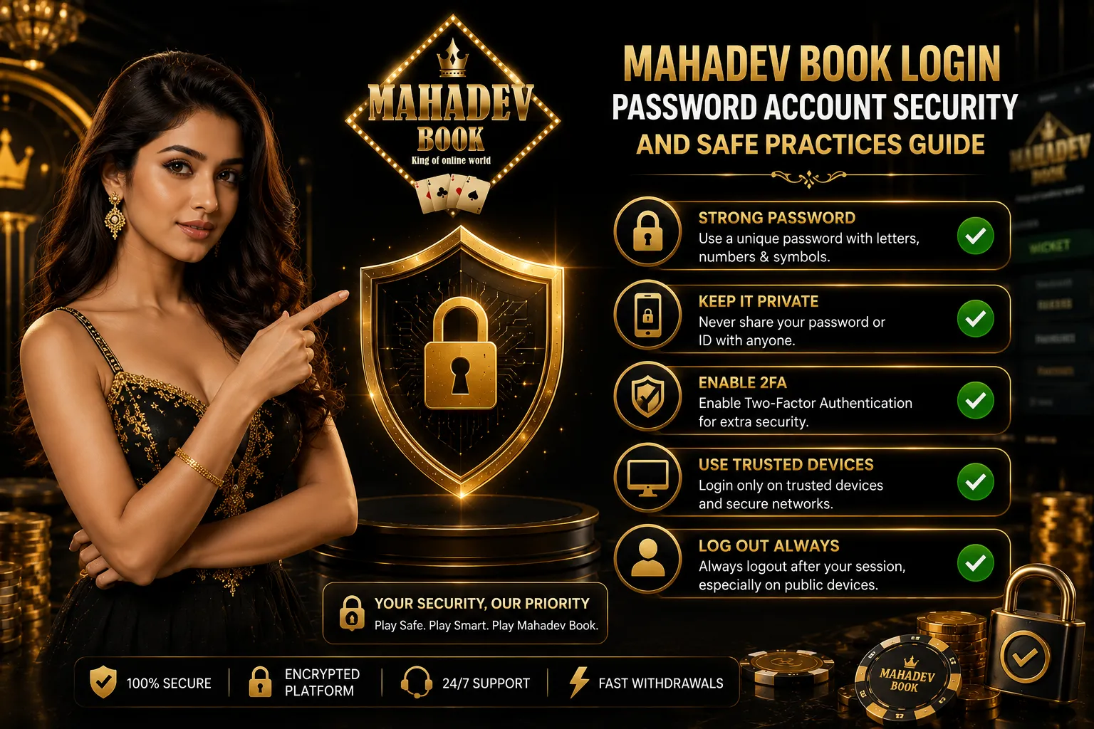 Mahadev Book login password security checklist with digital gold shield and logo