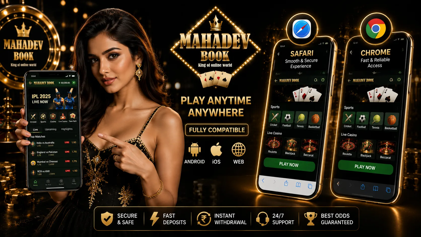 Mahadev Book mobile app compatibility on iOS Safari and Android Chrome with model holding phone