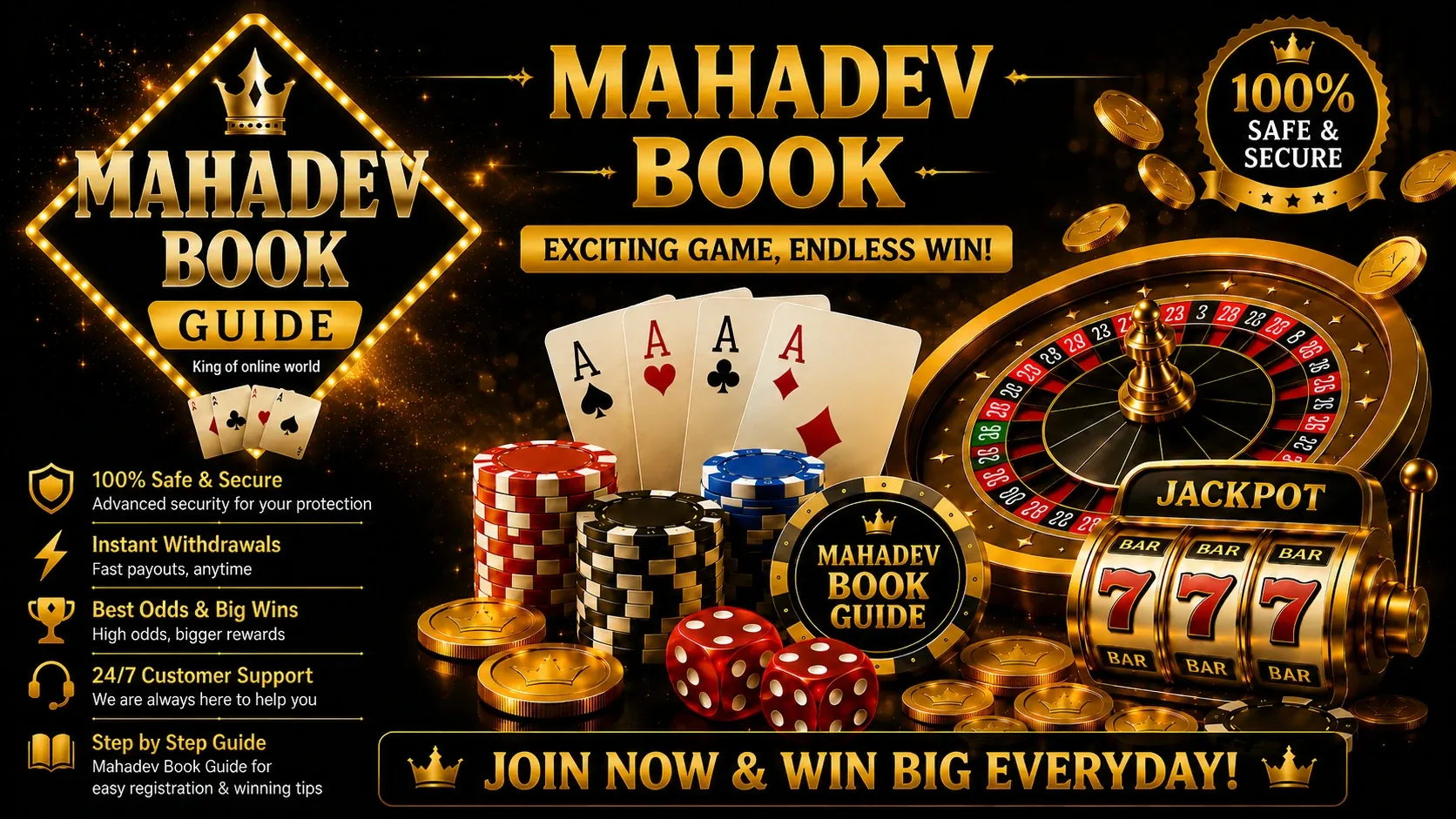 "Mahadev Book Guide banner featuring casino gaming elements, playing cards, poker chips, roulette wheel, jackpot slot machine and secure online gaming design"