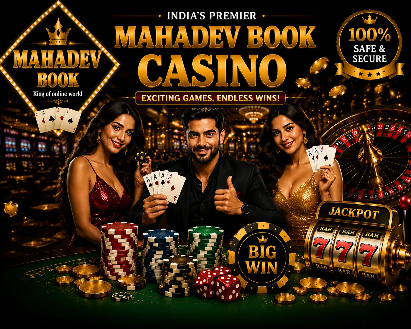 Mahadev Book Casino banner featuring luxury casino theme with playing cards, poker chips, roulette wheel, jackpot slot machine and premium gaming design