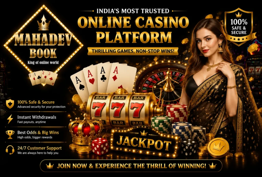 Mahadev Book online casino banner featuring roulette wheel, jackpot slot machine, playing cards, poker chips and luxury gaming design